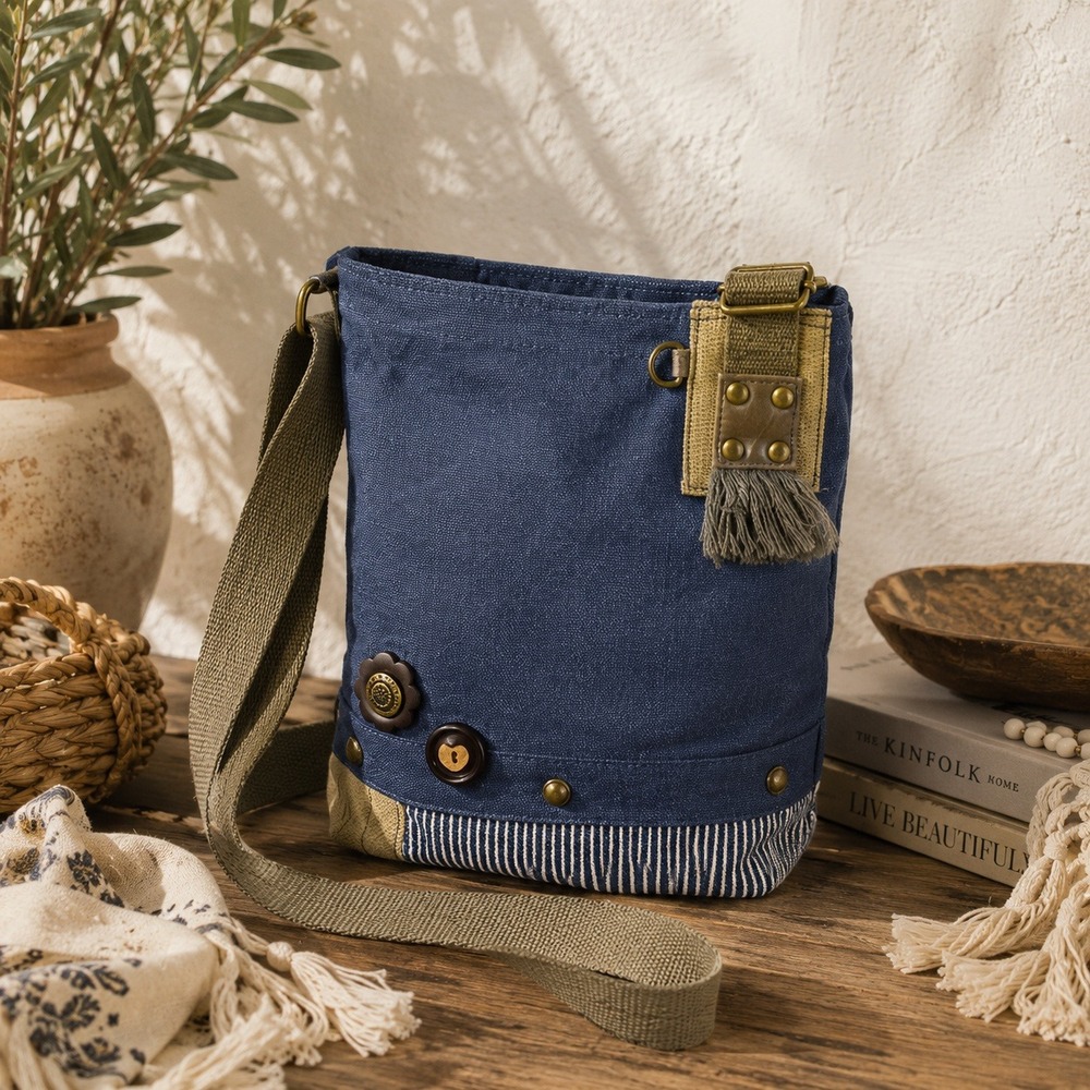 Chala Handbags Denim Crossbody Bucket Bag Blue Stripe Tassel Heart Button Flower